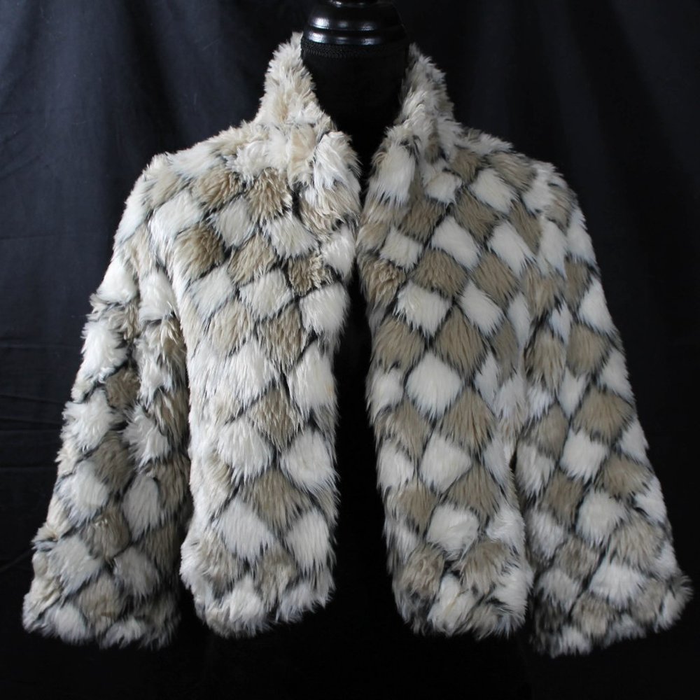Forever 21 Faux Fur Checkered Jacket Glam Pinup Old Hollywood Style Size L JRS